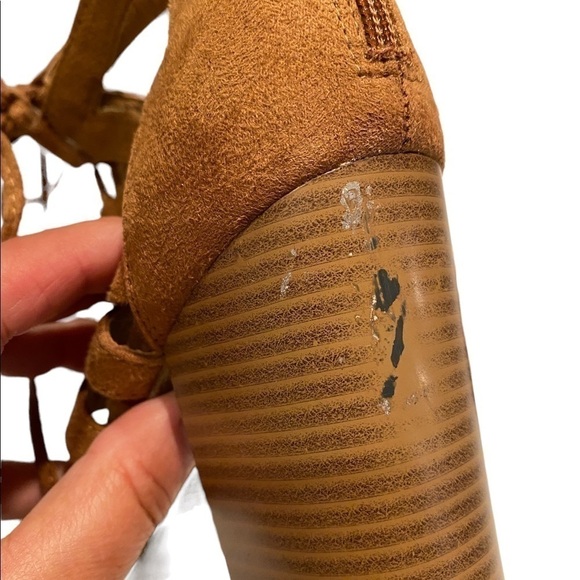 Brash Sexy Lace Up Cut Out Sandy Brown Suede Block Heel Sandal Back Zip Bootie 7 - Picture 7 of 13